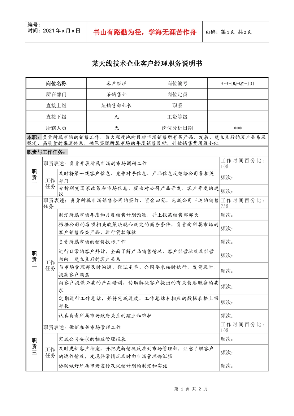 天线技术企业某销售部客户经理职务说明书_第1页