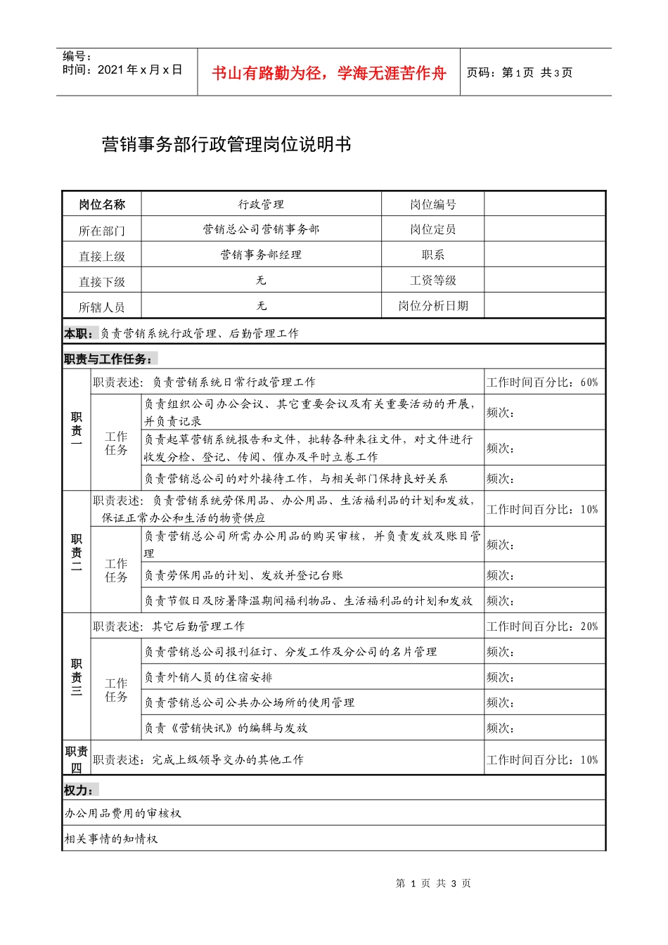 制鞋企业营销事务部行政管理岗位说明书_第1页