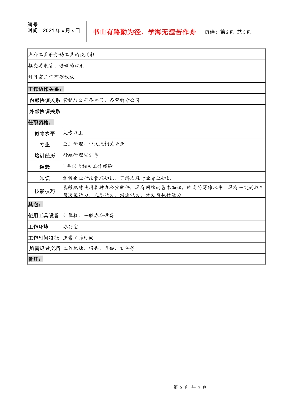 制鞋企业营销事务部行政管理岗位说明书_第2页