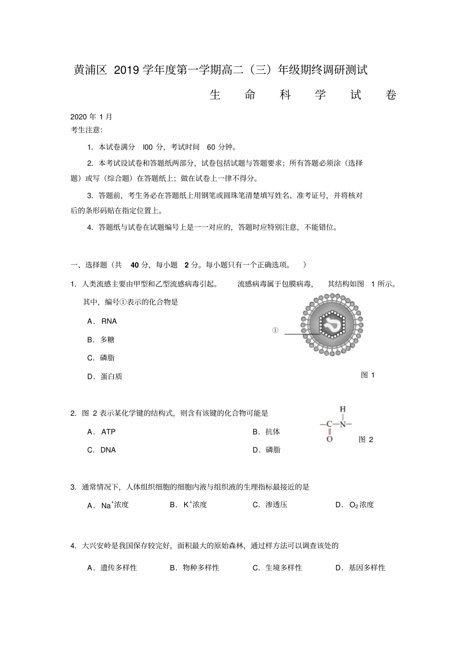 上海黄浦区高三上学期期末调研测试生物试题含答案_第1页