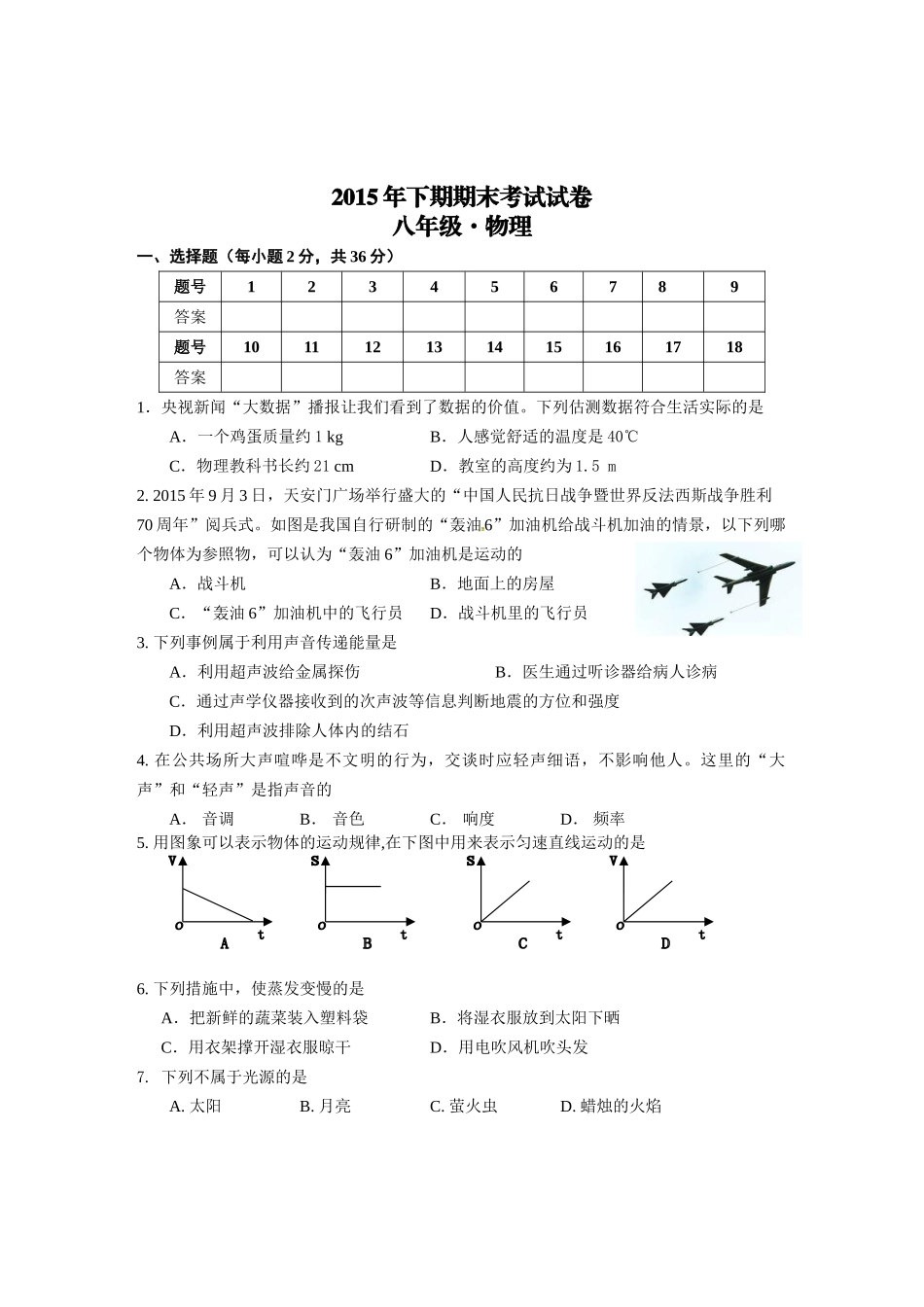 湘潭市2016.1八年级物理上册期末试卷及答案 _第1页