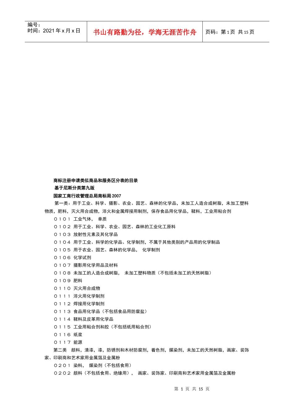 商标注册申请类似商品和服务区分表的目录_第1页