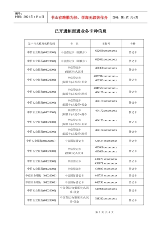 已开通柜面通业务卡种信息