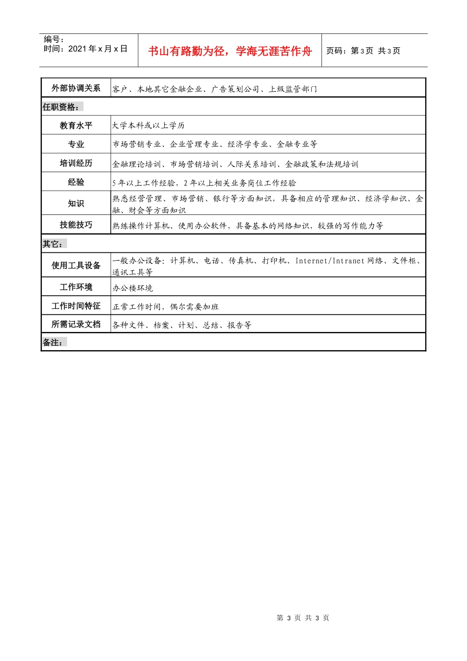 商业银行公司业务岗职务说明书_第3页