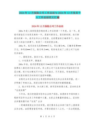 2024年12月保险公司工作总结与2024年12月党员个人工作总结范文汇编