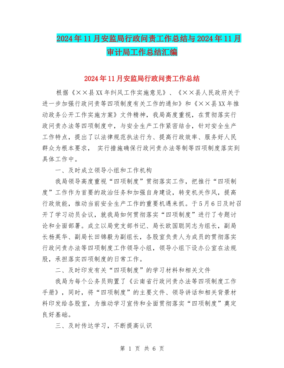 2024年11月安监局行政问责工作总结与2024年11月审计局工作总结汇编_第1页