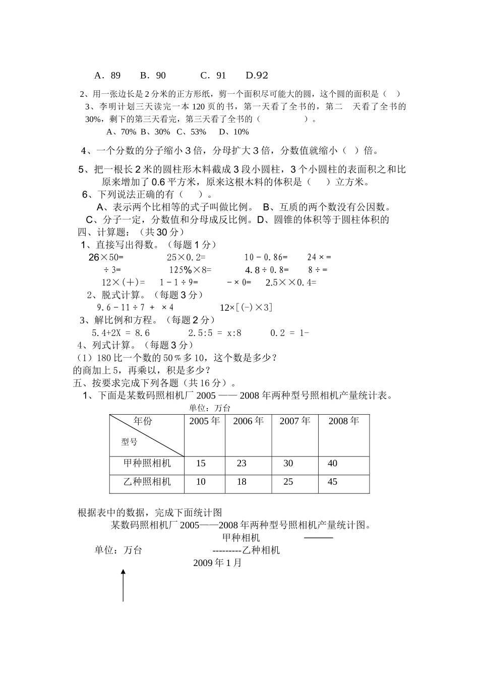 小学六年级数学毕业模拟试题一教研室人教版 _第2页