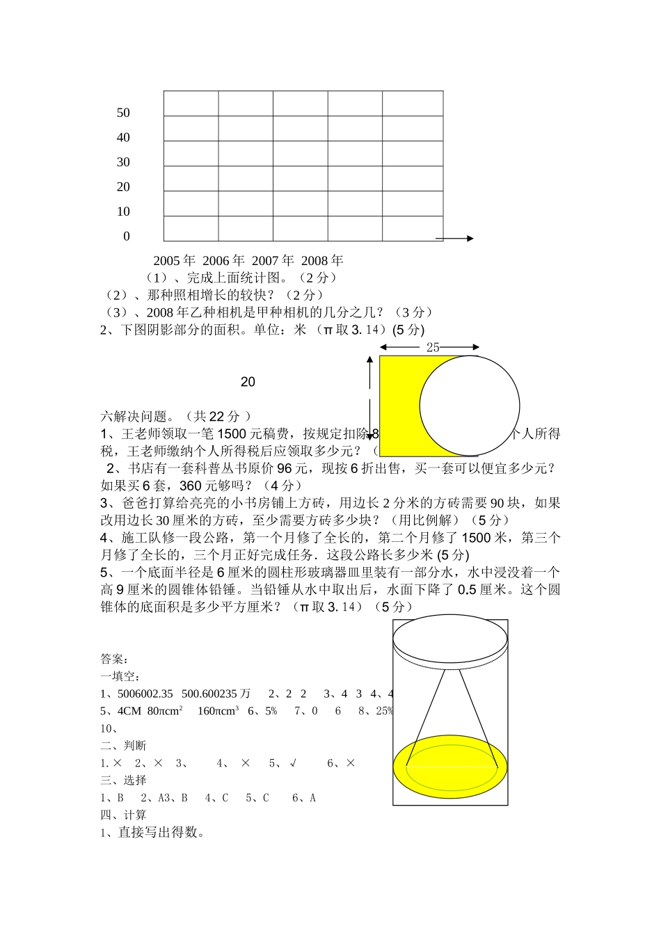 小学六年级数学毕业模拟试题一教研室人教版 _第3页