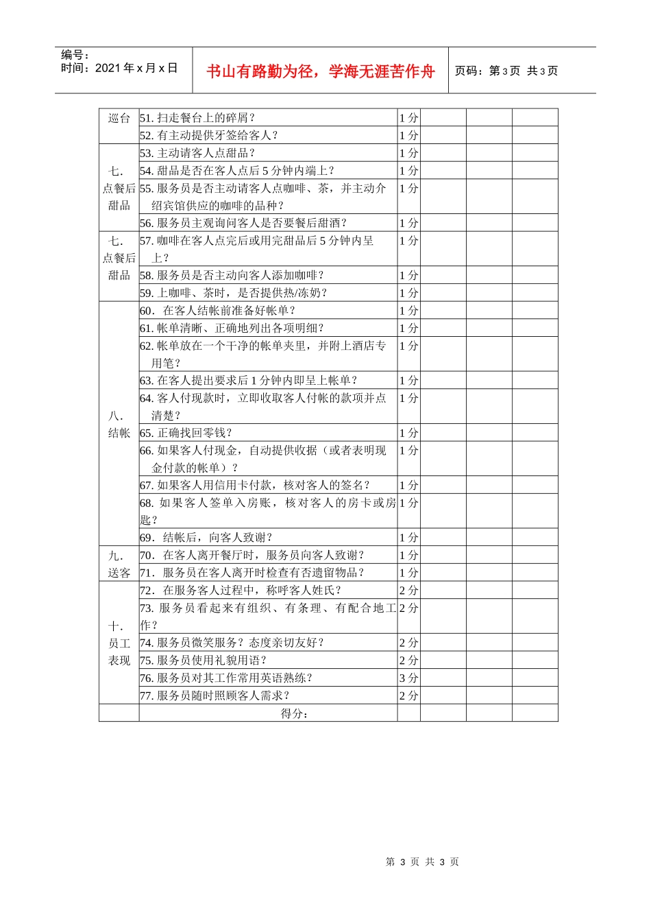 午、晚餐散餐服务考核表_第3页