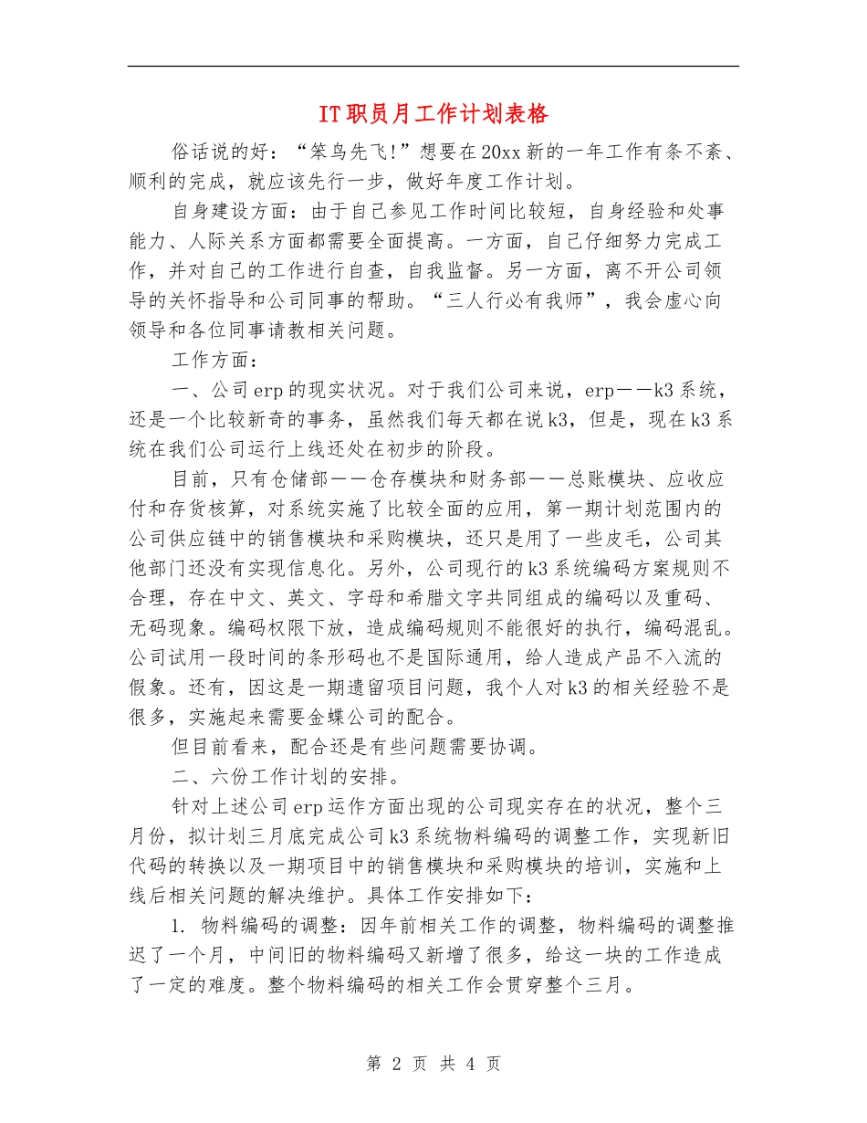 IT职员月工作计划表格_第2页