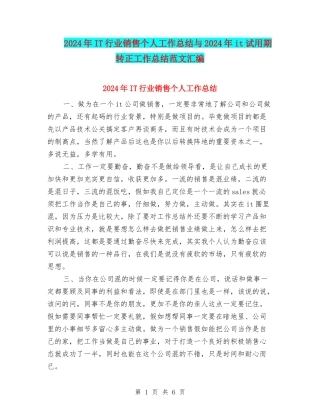 2024年IT行业销售个人工作总结与2024年it试用期转正工作总结范文汇编