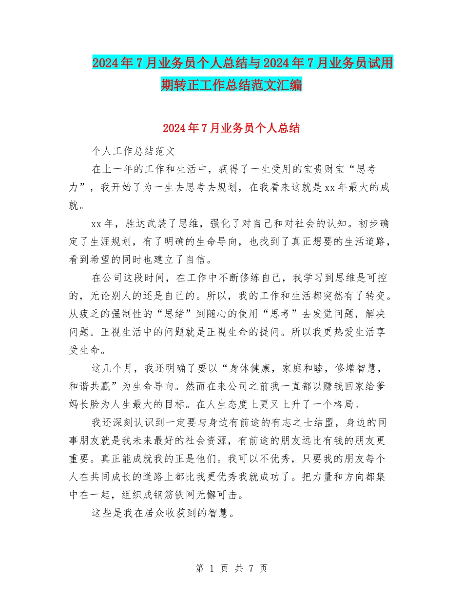 2024年7月业务员个人总结与2024年7月业务员试用期转正工作总结范文汇编_第1页