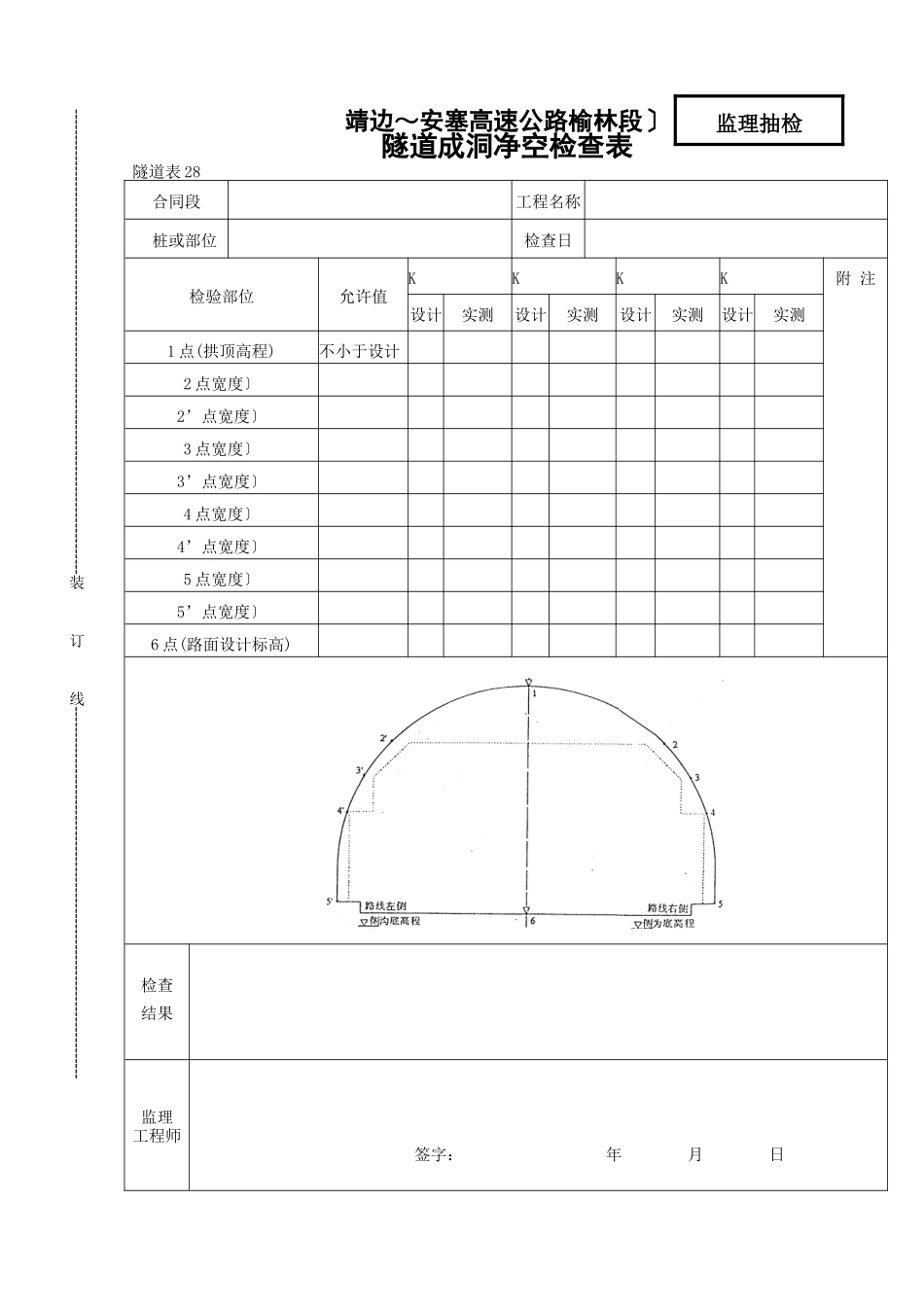 隧道成洞净空检查表_第1页