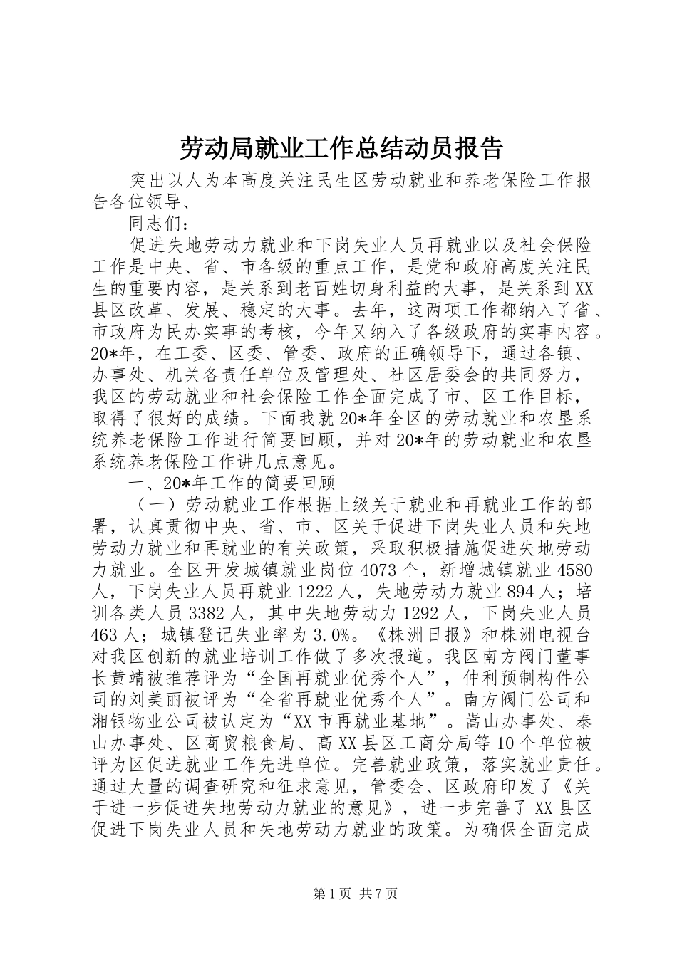 劳动局就业工作总结动员报告_第1页