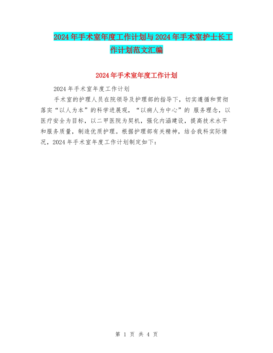 2024年手术室年度工作计划与2024年手术室护士长工作计划范文汇编_第1页