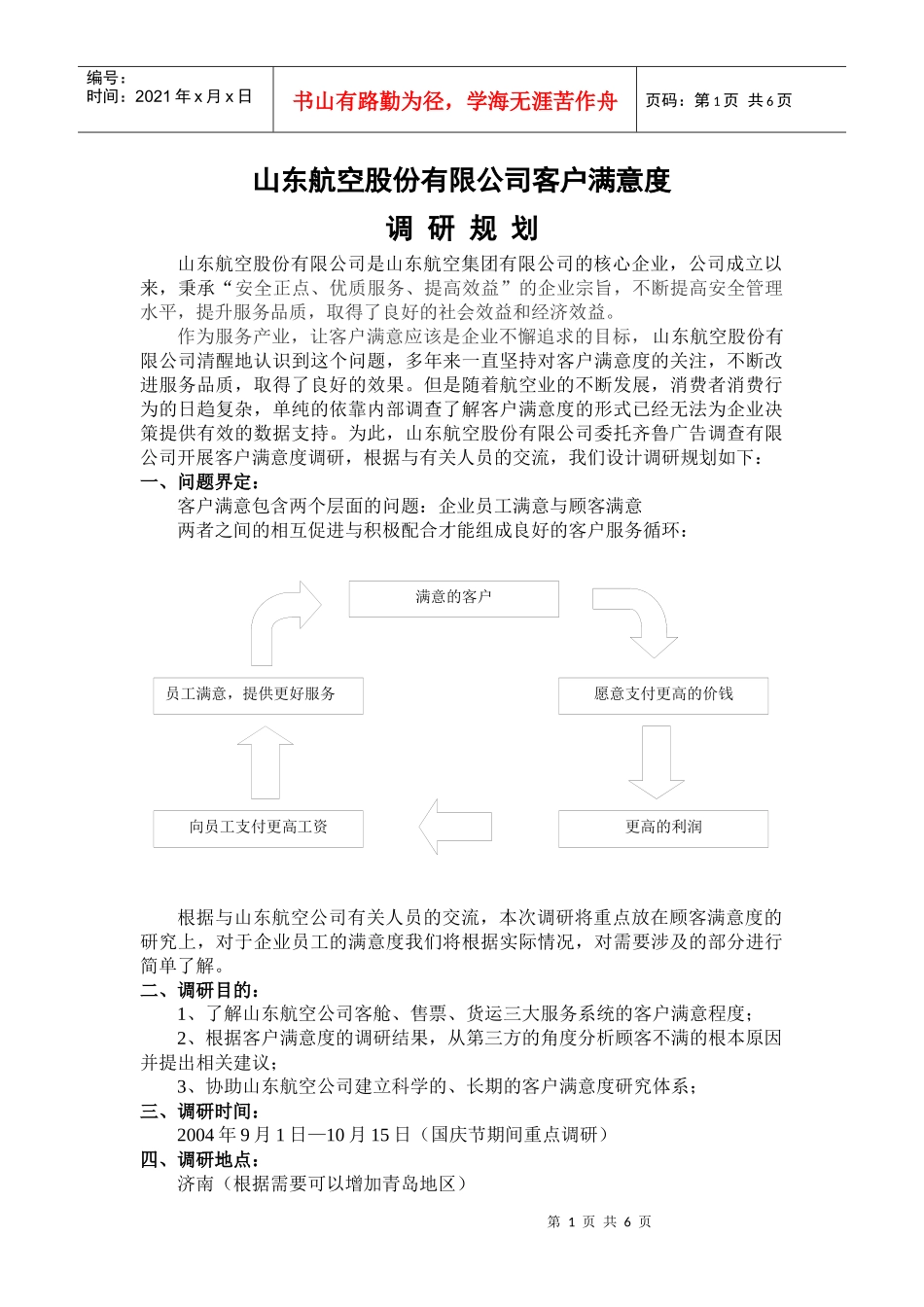 山东航空股份有限公司客户满意度调研规划_第1页