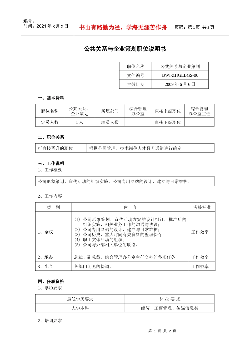 公共关系与企业策划职位说明书_第1页