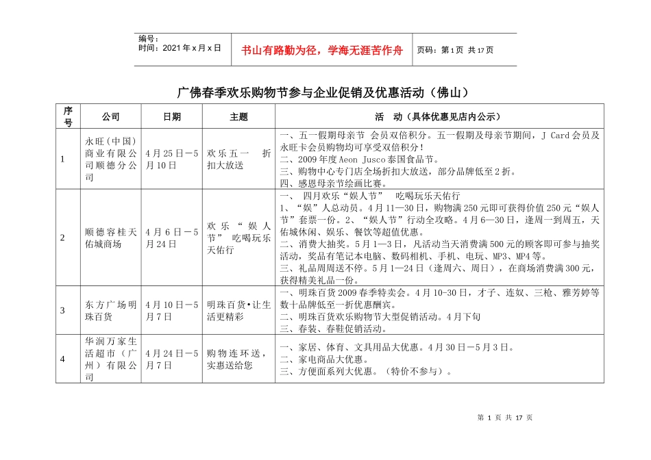 广佛春季欢乐购物节参与企业促销及优惠活动（佛山）_第1页