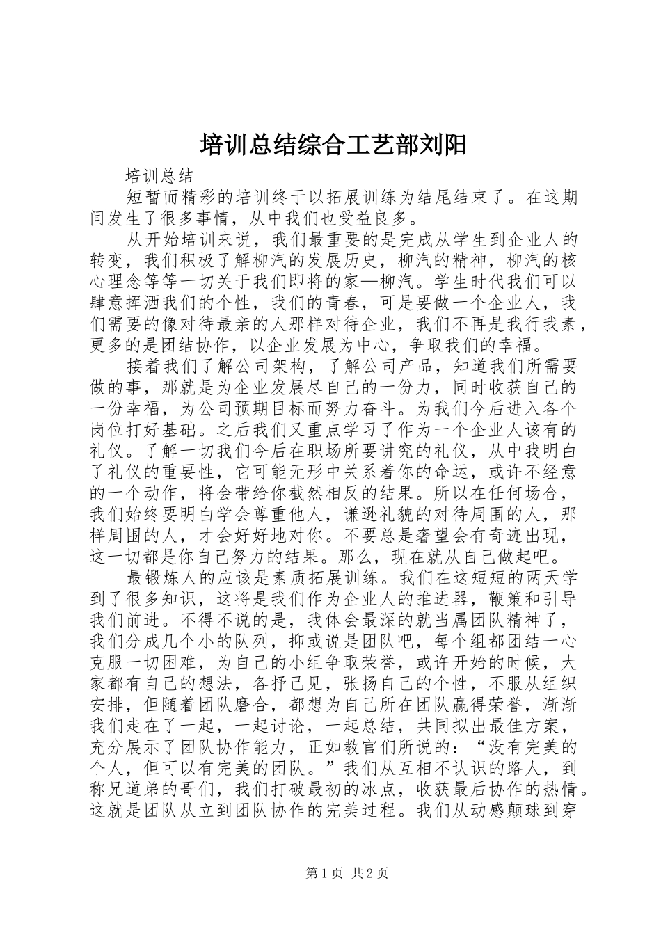 培训总结综合工艺部刘阳_第1页