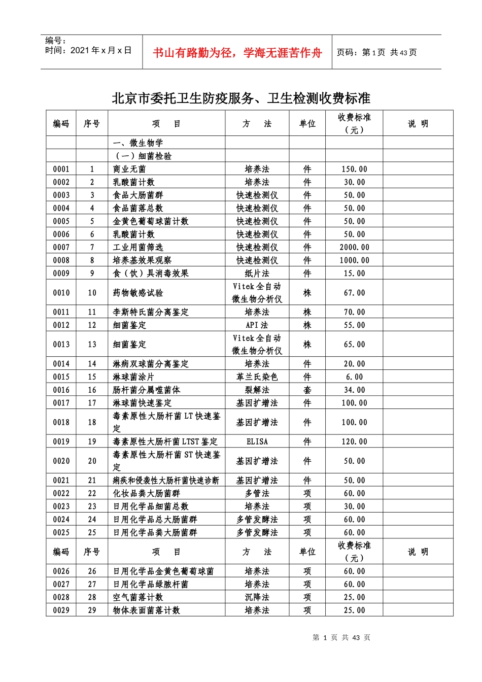 北京市委托卫生防疫服务、卫生检测收费标准_第1页
