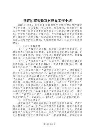 共青团市委新农村建设工作小结