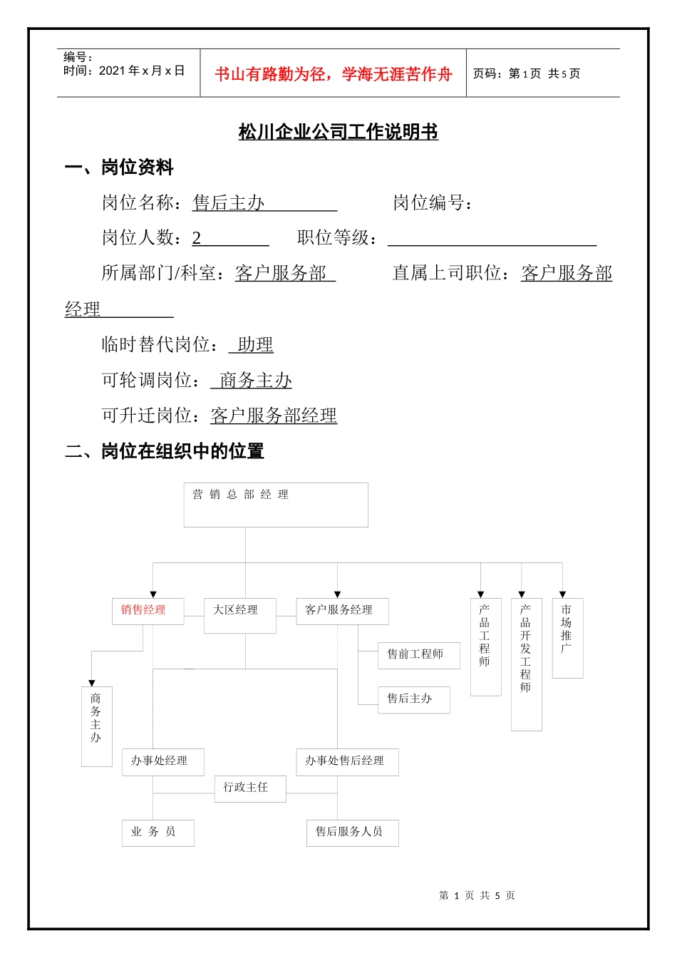 售后主办岗位说明书_第1页