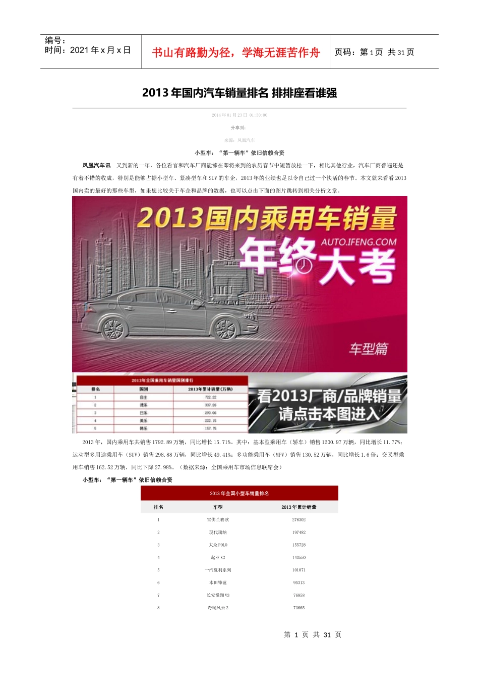 XXXX年国内汽车销量排名_第1页