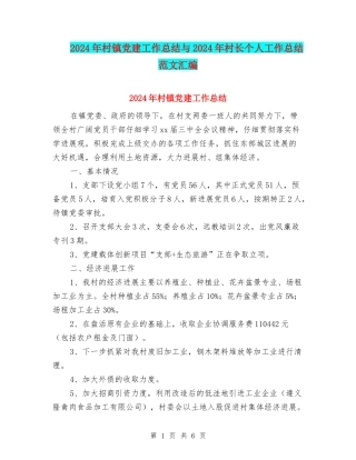 2024年村镇党建工作总结与2024年村长个人工作总结范文汇编