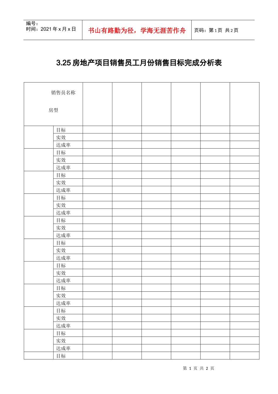 3.25房地产项目销售员工月份销售目标完成分析表_第1页