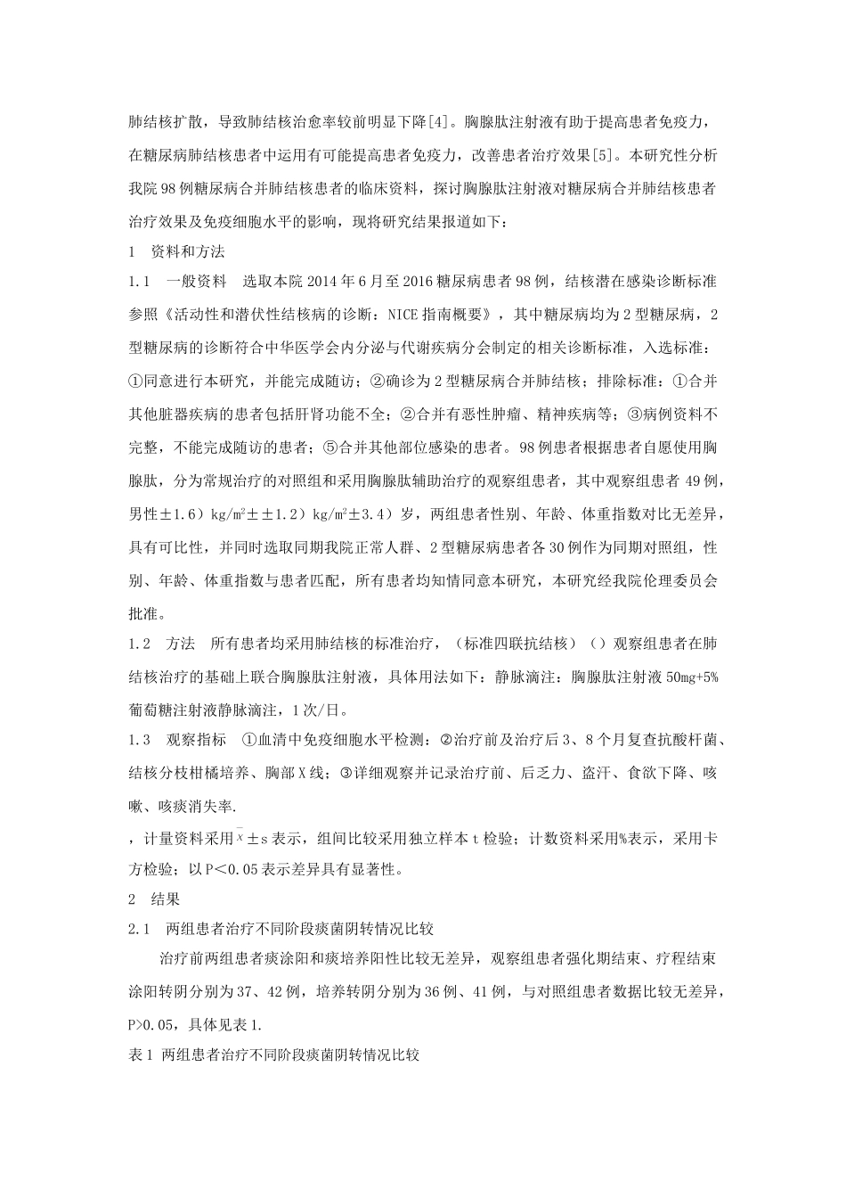 胸腺肽辅助治疗对糖尿病合并肺结核患者治疗效果及血清中免疫细胞水平的影响 _第2页