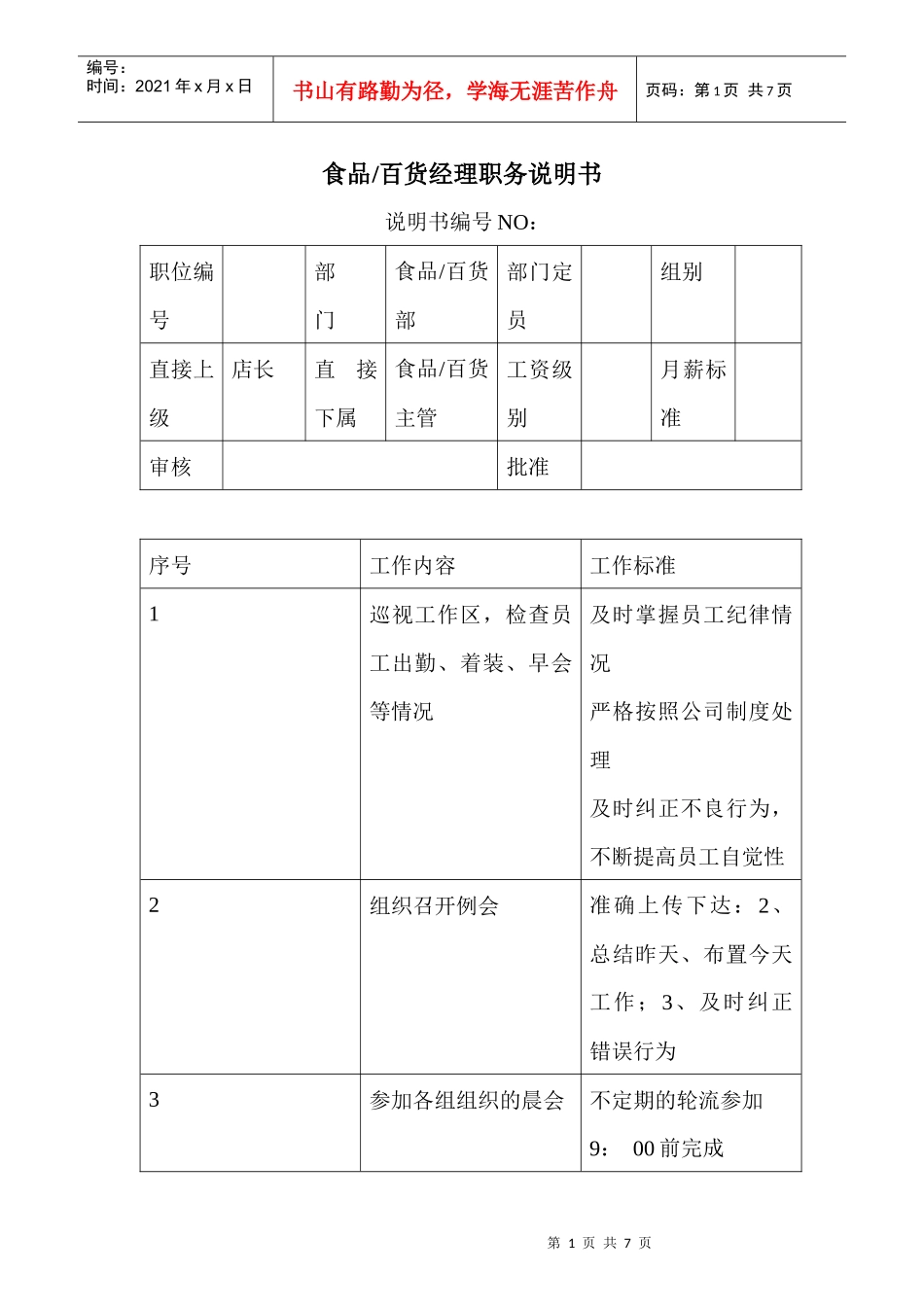 商场超市食品百货经理职务说明书_第1页