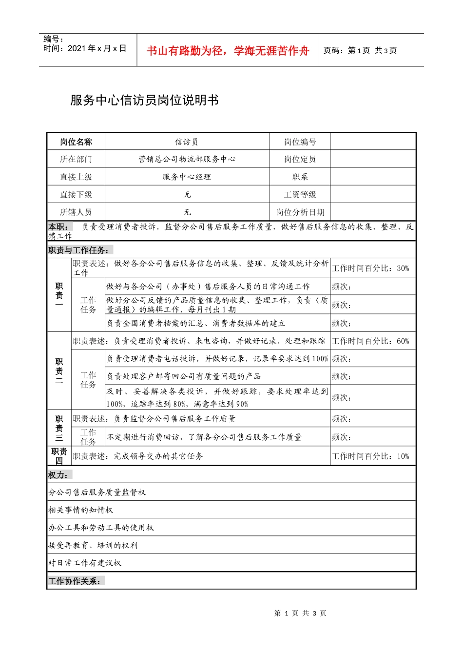 制鞋企业服务中心信访员岗位说明书_第1页