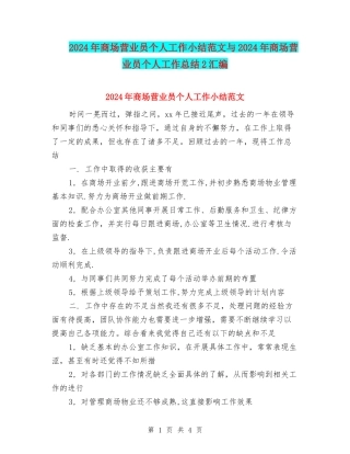 2024年商场营业员个人工作小结范文与2024年商场营业员个人工作总结2汇编