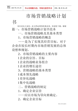 市场营销战略计划书(DOC33页)