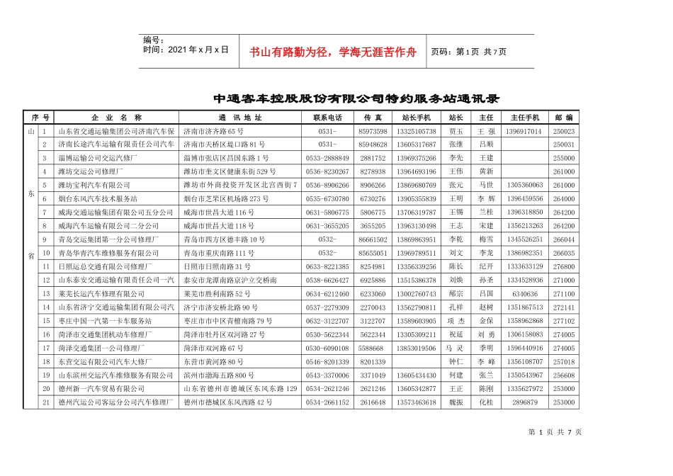中通客车控股股份有限公司特约服务站通讯录_第1页