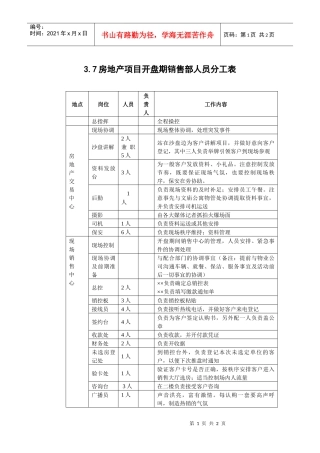 3.7房地产项目开盘期销售部人员分工表