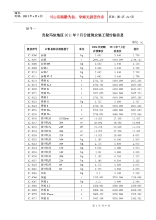 克拉玛依地区XXXX年7月份建筑安装工程价格信息