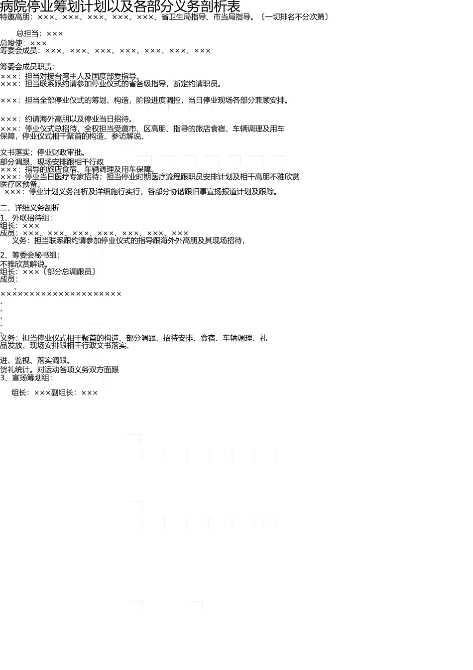 医院开业策划方案以及各部门任务分解表 _第1页