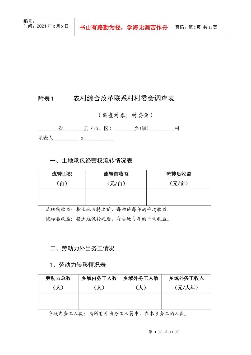 农村综合改革联系村村委会调查表汇编_第1页