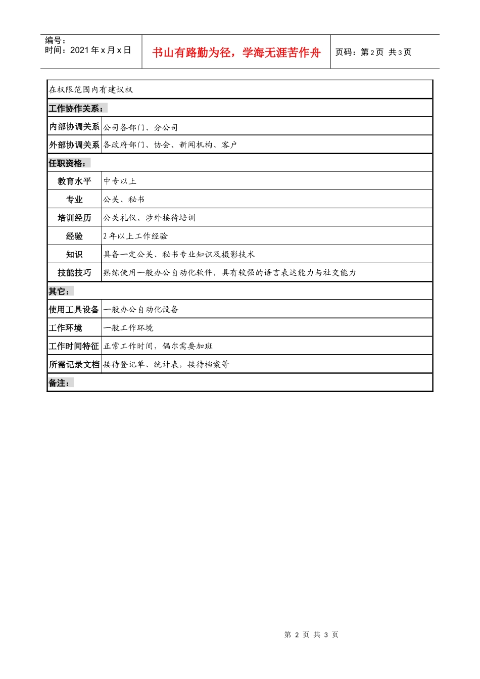 制鞋企业行政事务部接待科经理岗位说明书_第2页
