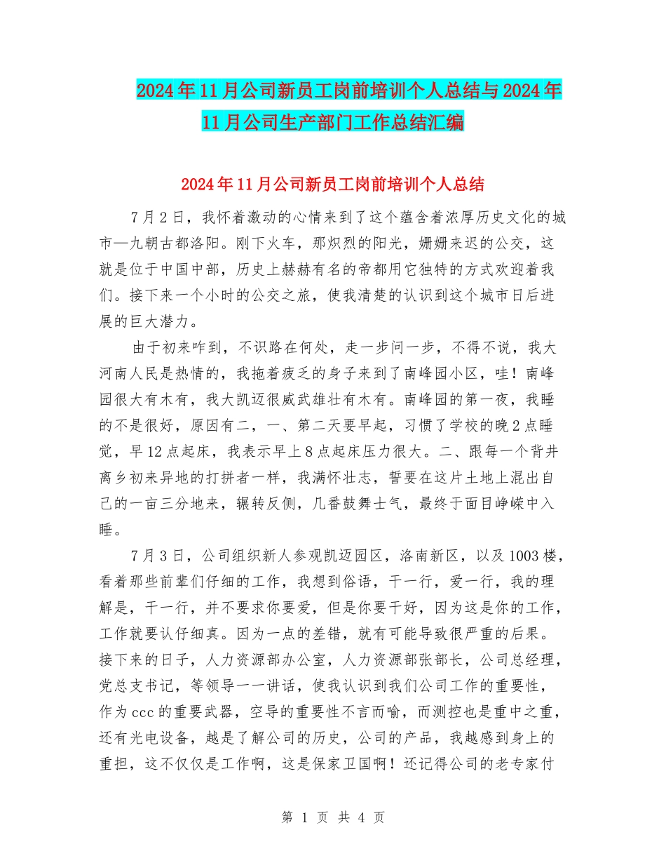 2024年11月公司新员工岗前培训个人总结与2024年11月公司生产部门工作总结汇编_第1页