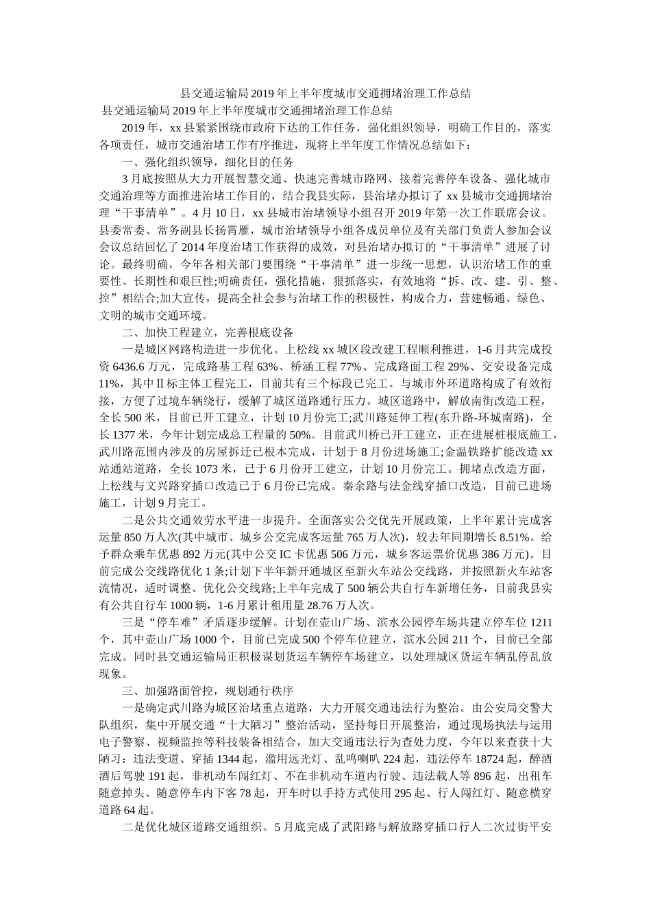 县交通运输局2019年上半年度城市交通拥堵治理工作总结参考 _第1页