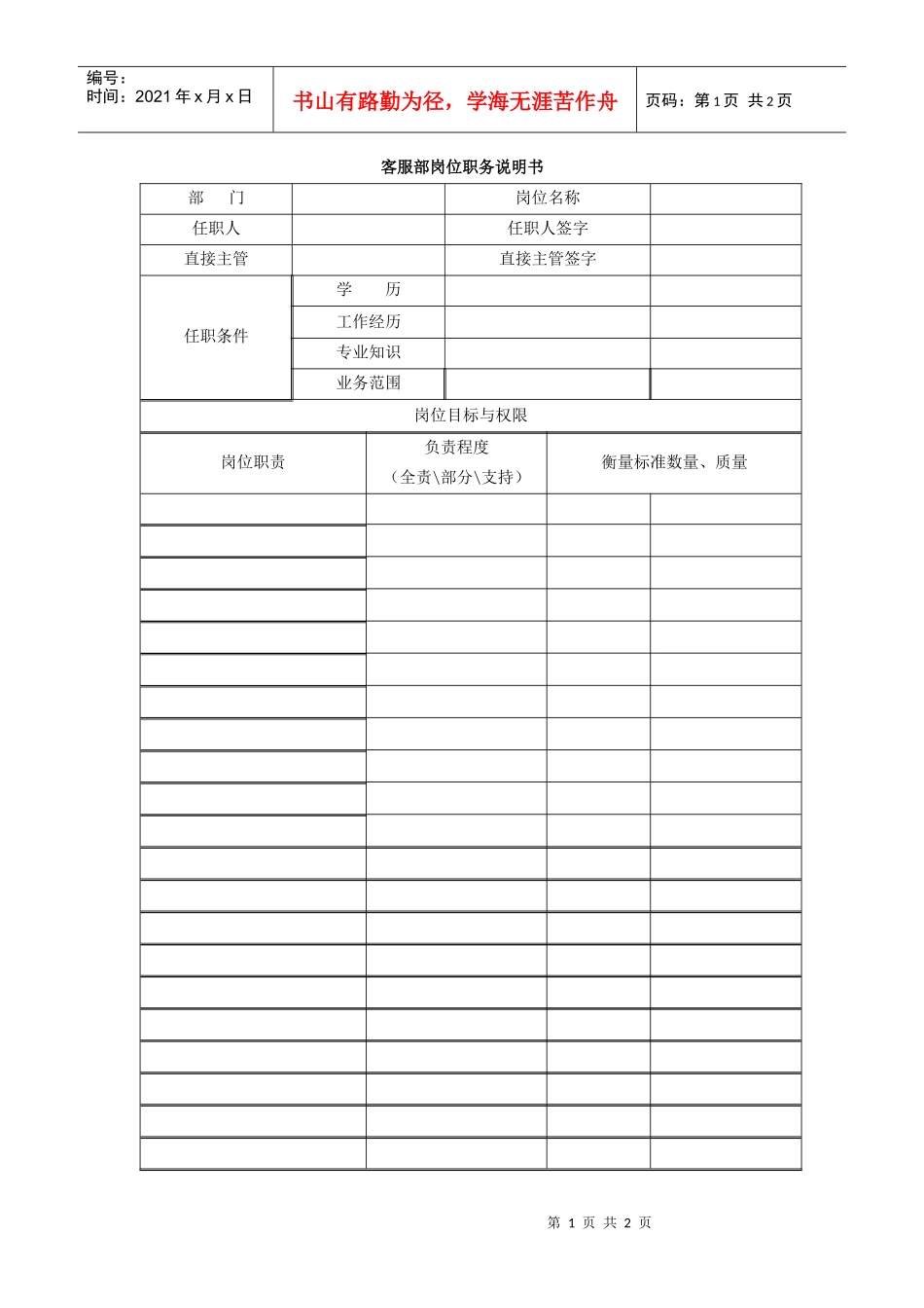 客服部岗位职务说明书_第1页