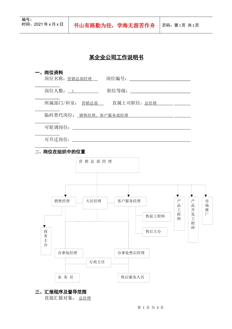 【职位描述】工作说明书－营销总部经理_第1页