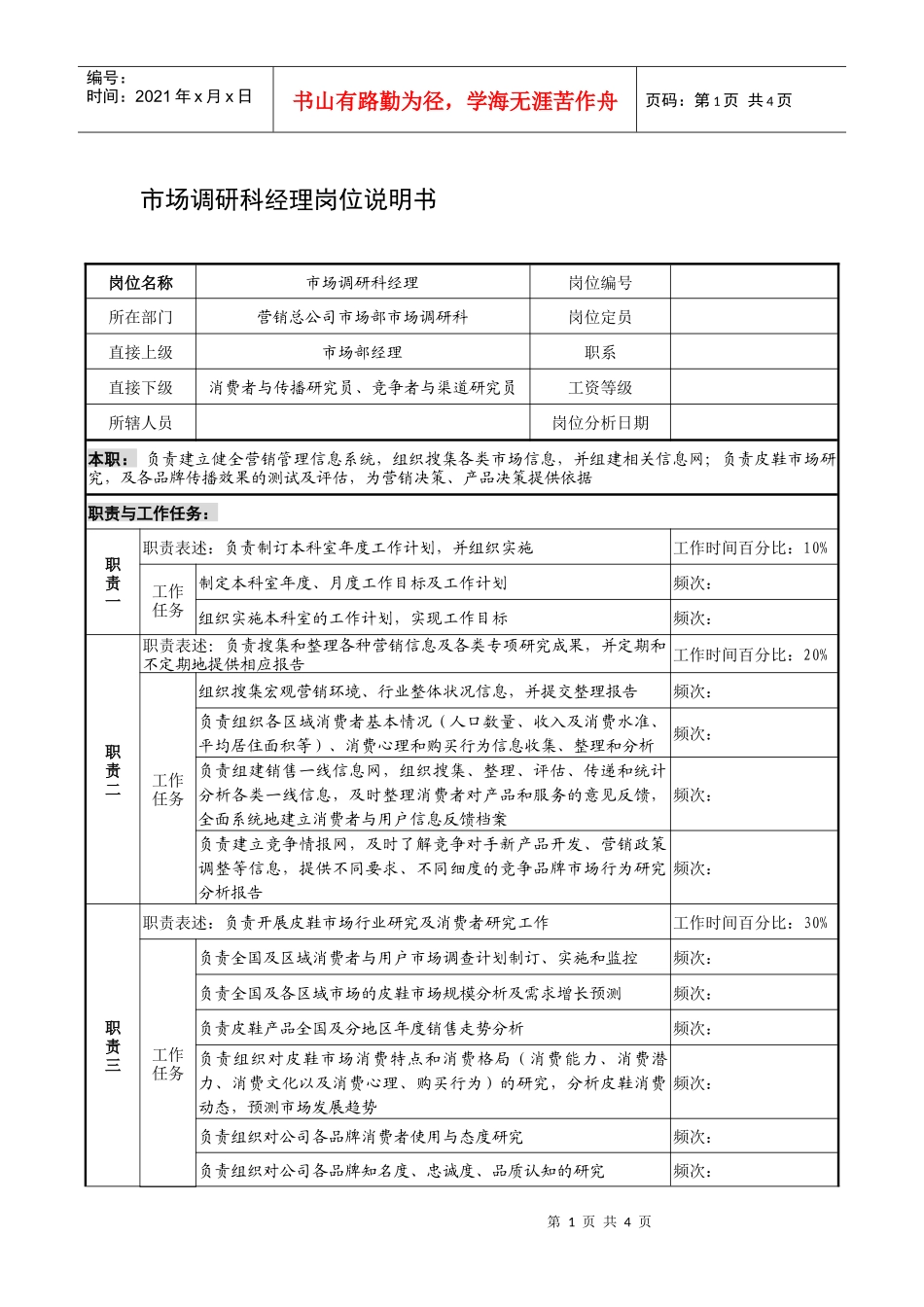 制鞋企业市场调研科经理岗位说明书_第1页