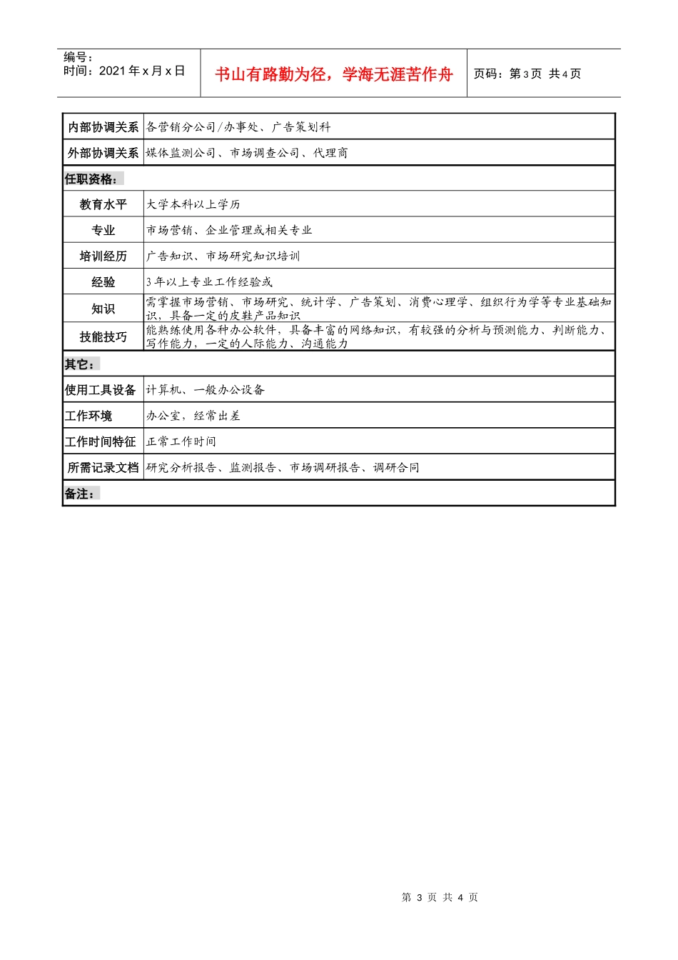 制鞋企业市场调研科经理岗位说明书_第3页