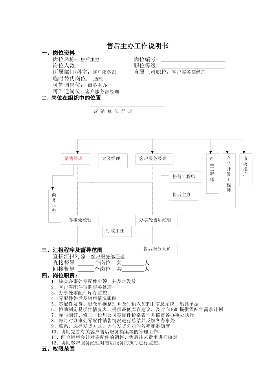 售后主办工作说明书_第1页