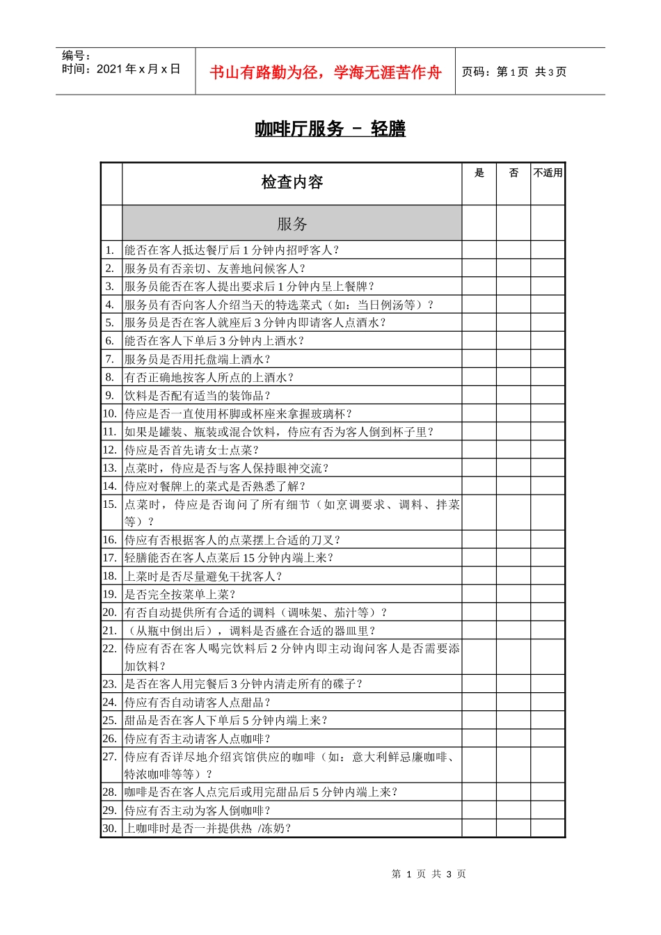 咖啡厅服务检查表（轻膳）_第1页