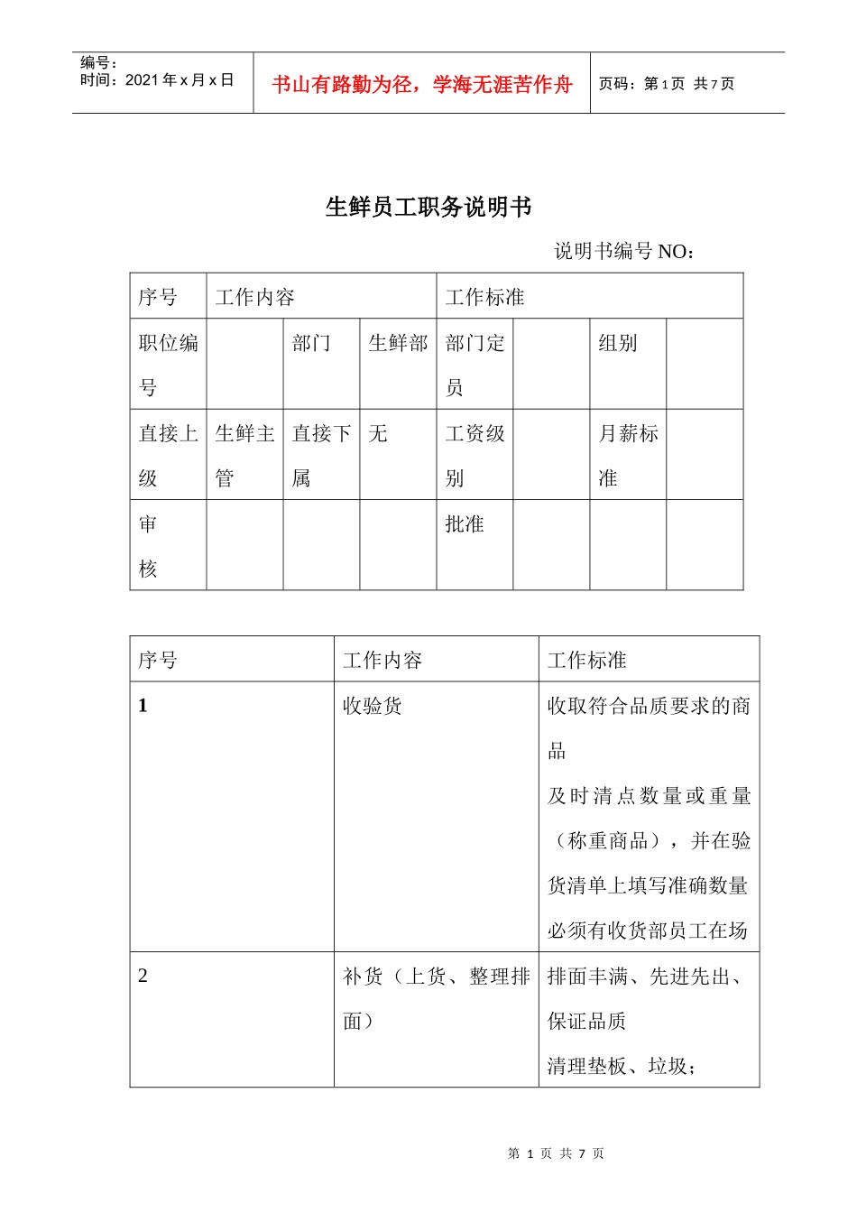 商场超市生鲜员工职务说明书_第1页
