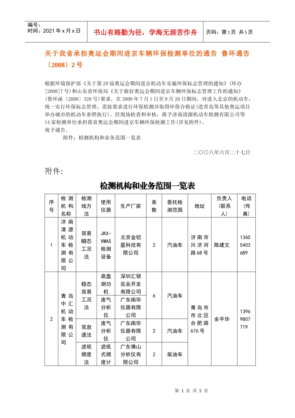 全省汽车尾检测机构和业务范围一览表doc-枣庄环保_第1页